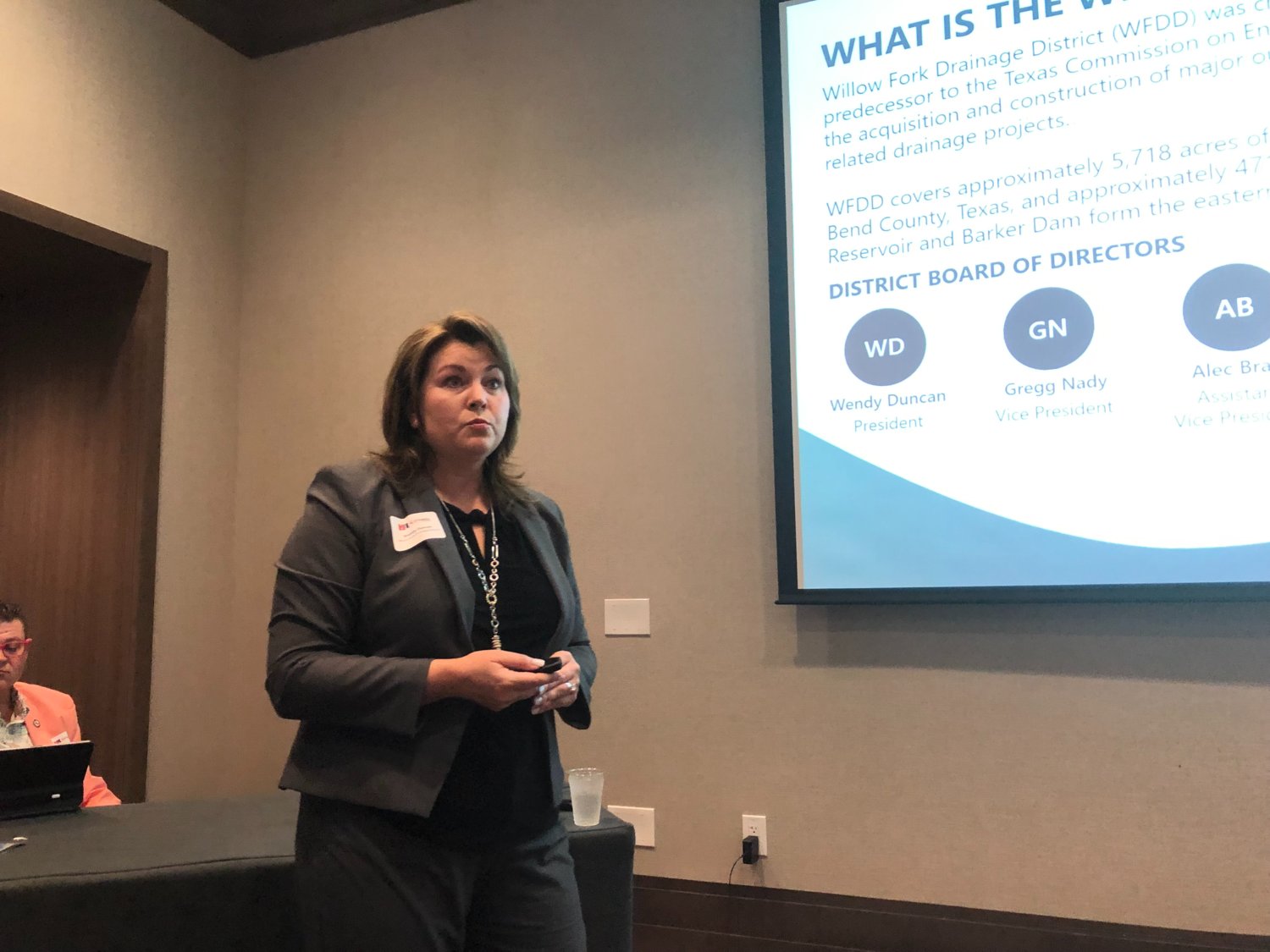 Wendy Duncan, Willow Fork drainage District Pres., speaks at an infrastructure summit hosted by the Katy Area Chamber of Commerce.